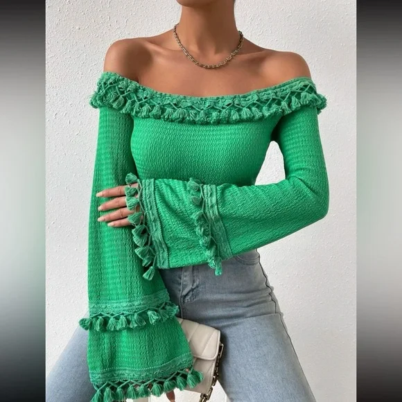 Boho Off Shoulder Flare Long Sleeve Fringe Tassel Cropped Top Blouse Shirt - Picture 4 of 7